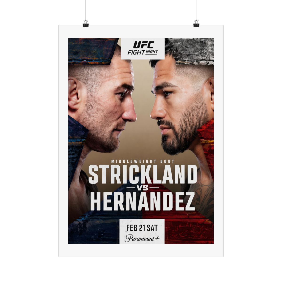 Framed UFC Fight Night poster featuring Strickland vs. Hernandez. The poster shows two fighters facing each other, with event details and the Paramount+ logo at the bottom. The colour scheme includes... - alternate angle 2, merchandise