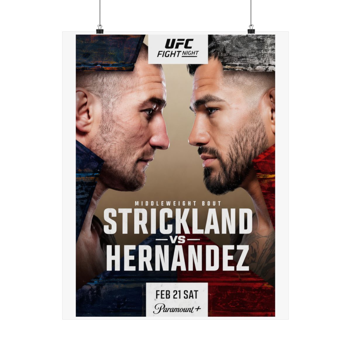 Framed UFC Fight Night poster featuring Strickland vs. Hernandez. The poster shows two fighters facing each other, with event details and the Paramount+ logo at the bottom. The colour scheme includes... - alternate angle 3, merchandise