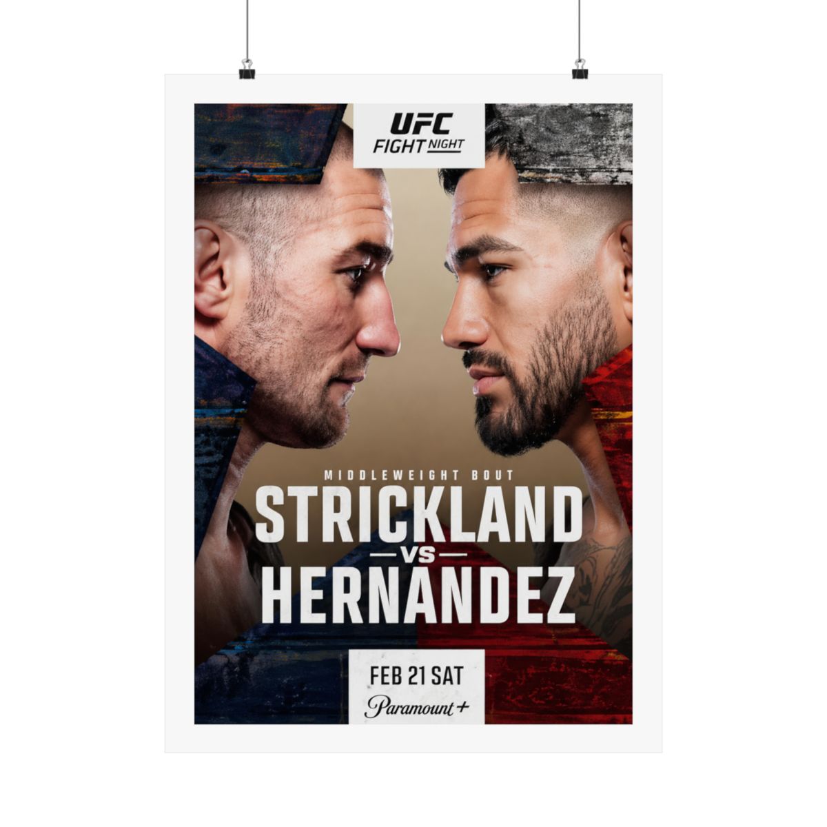 Framed UFC Fight Night poster featuring Strickland vs. Hernandez. The poster shows two fighters facing each other, with event details and the Paramount+ logo at the bottom. The colour scheme includes... - alternate angle 1, merchandise