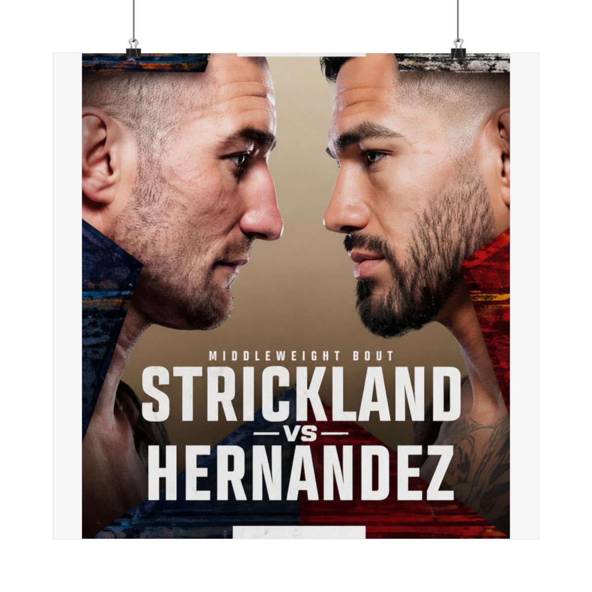 Framed UFC Fight Night poster featuring Strickland vs. Hernandez. The poster shows two fighters facing each other, with event details and the Paramount+ logo at the bottom. The colour scheme includes... - alternate angle 4, merchandise
