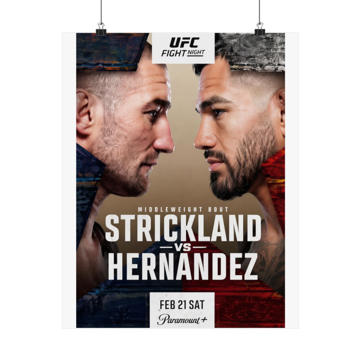 Framed UFC Fight Night poster featuring Strickland vs. Hernandez. The poster shows two fighters facing each other, with event details and the Paramount+ logo at the bottom. The colour scheme includes... - alternate angle 5, merchandise