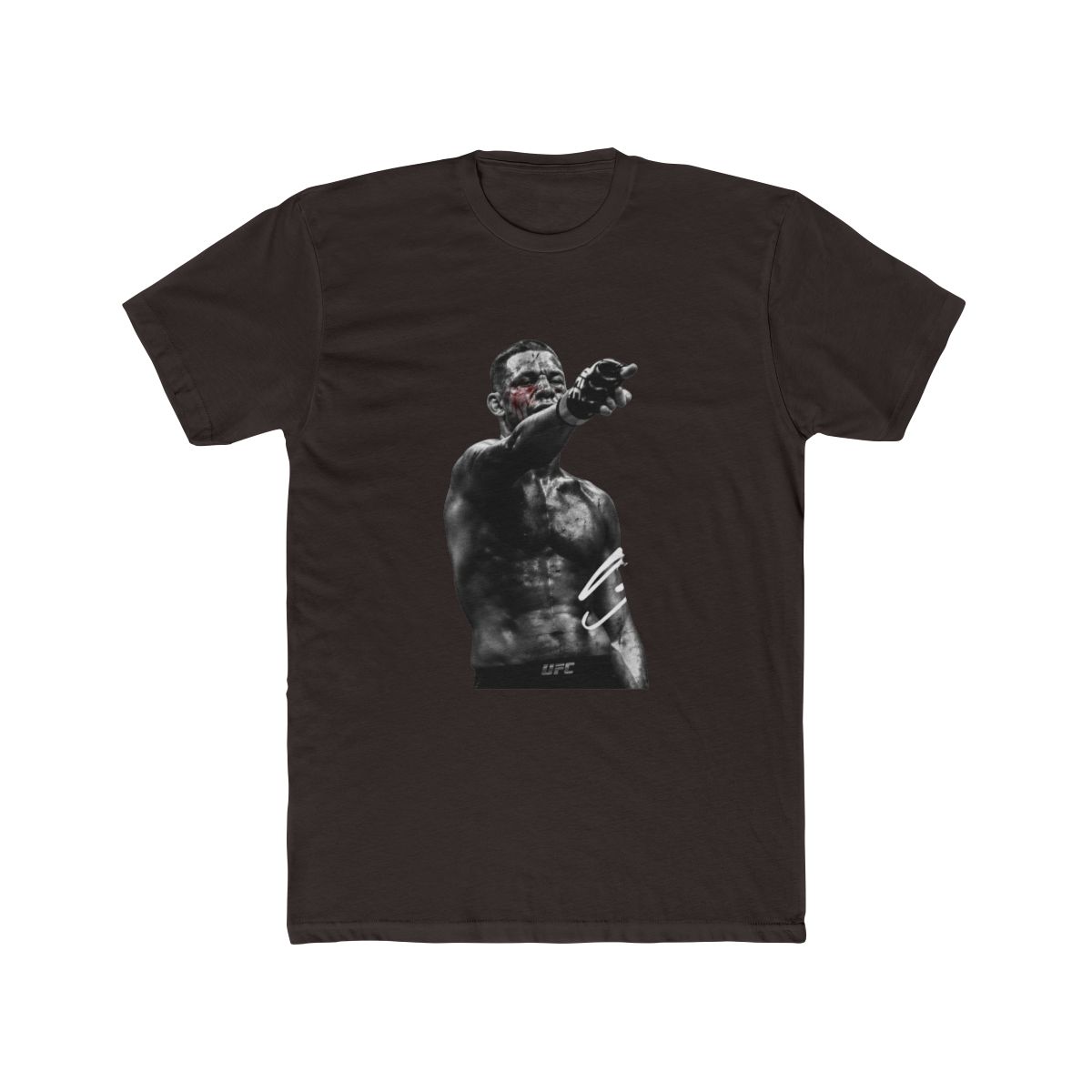 Black T Shirt with a black and white image of a fighter with blood on his face, pointing. The fighter wears black gloves and shorts with the UFC logo. A white signature is on the right side of the... - alternate angle 2, merchandise