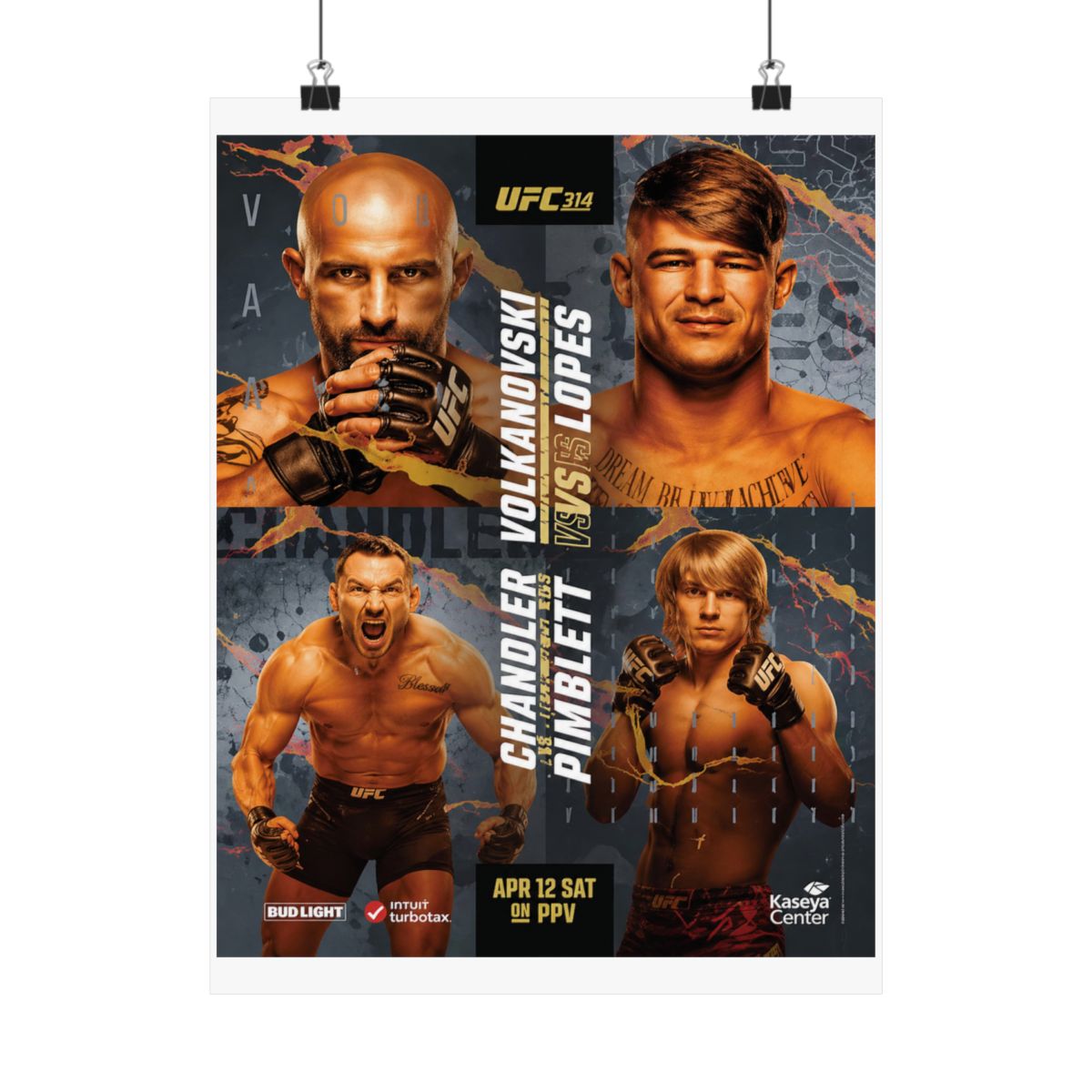 A poster advertising a UFC fight card featuring Chandler vs. Pimblett and Volkanovski vs. Lopes. The poster is black and gold with the UFC logo and the fighters' names in large white letters. The... - alternate angle 2, merchandise