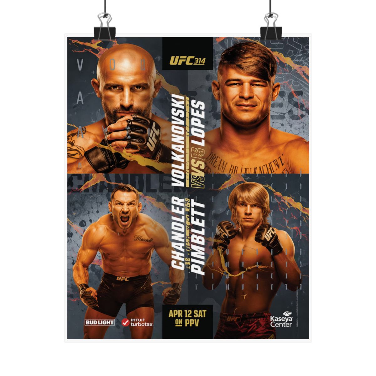 A poster advertising a UFC fight card featuring Chandler vs. Pimblett and Volkanovski vs. Lopes. The poster is black and gold with the UFC logo and the fighters' names in large white letters. The...