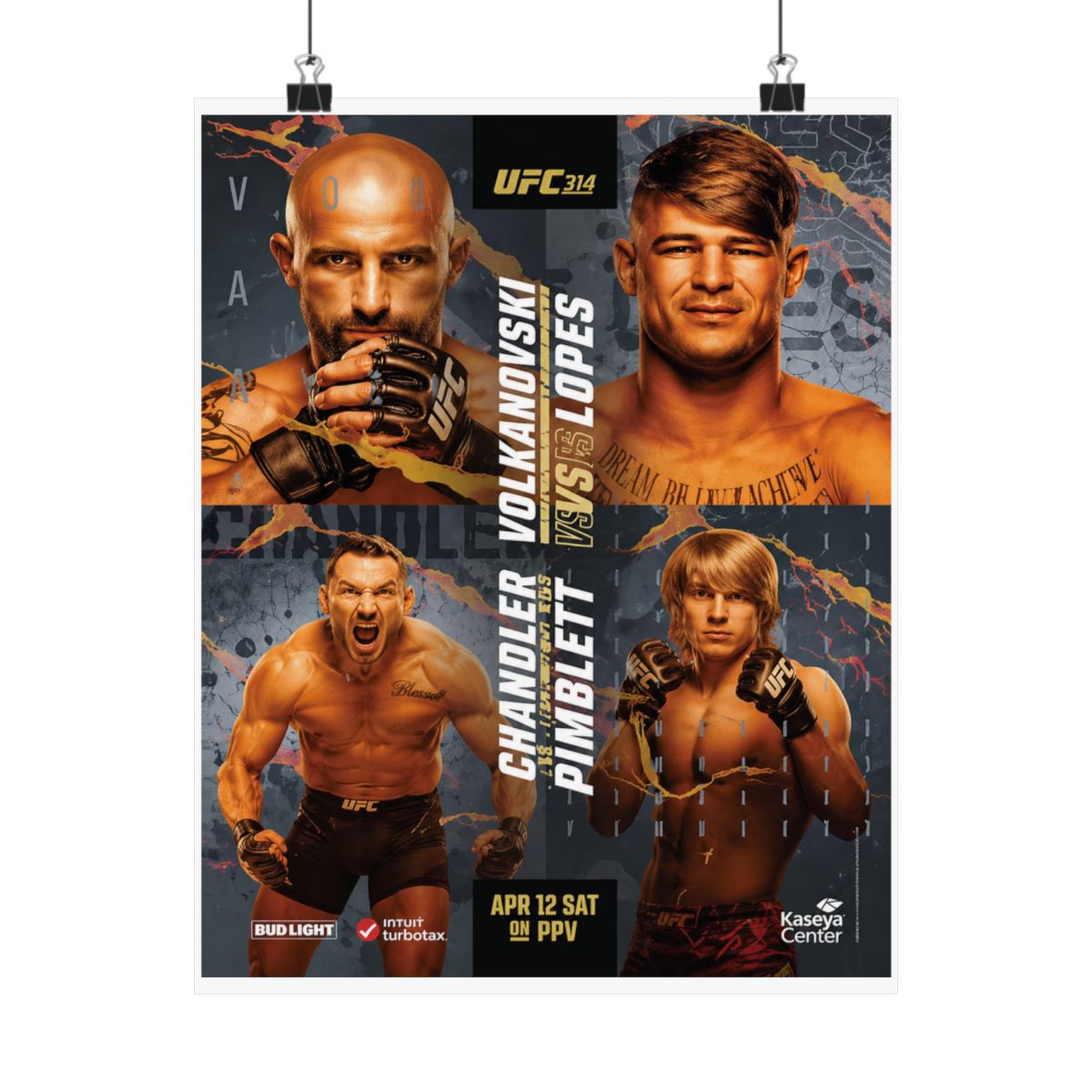 A poster advertising a UFC fight card featuring Chandler vs. Pimblett and Volkanovski vs. Lopes. The poster is black and gold with the UFC logo and the fighters' names in large white letters. The... - alternate angle 1, merchandise
