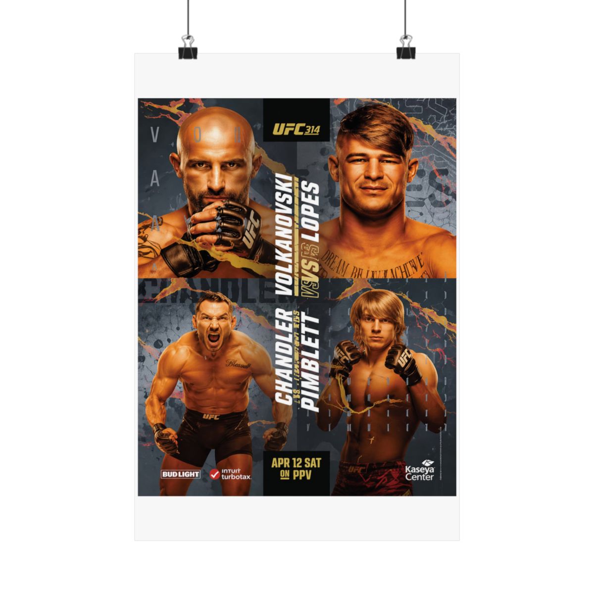 A poster advertising a UFC fight card featuring Chandler vs. Pimblett and Volkanovski vs. Lopes. The poster is black and gold with the UFC logo and the fighters' names in large white letters. The... - Official Posters & Wall Art merchandise