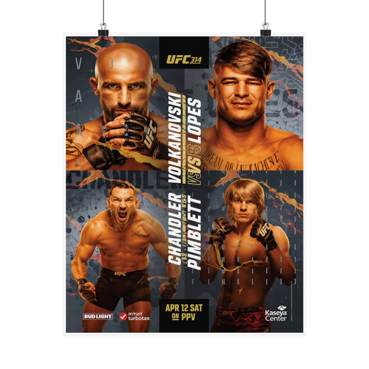 A poster advertising a UFC fight card featuring Chandler vs. Pimblett and Volkanovski vs. Lopes. The poster is black and gold with the UFC logo and the fighters' names in large white letters. The... - alternate angle 4, merchandise