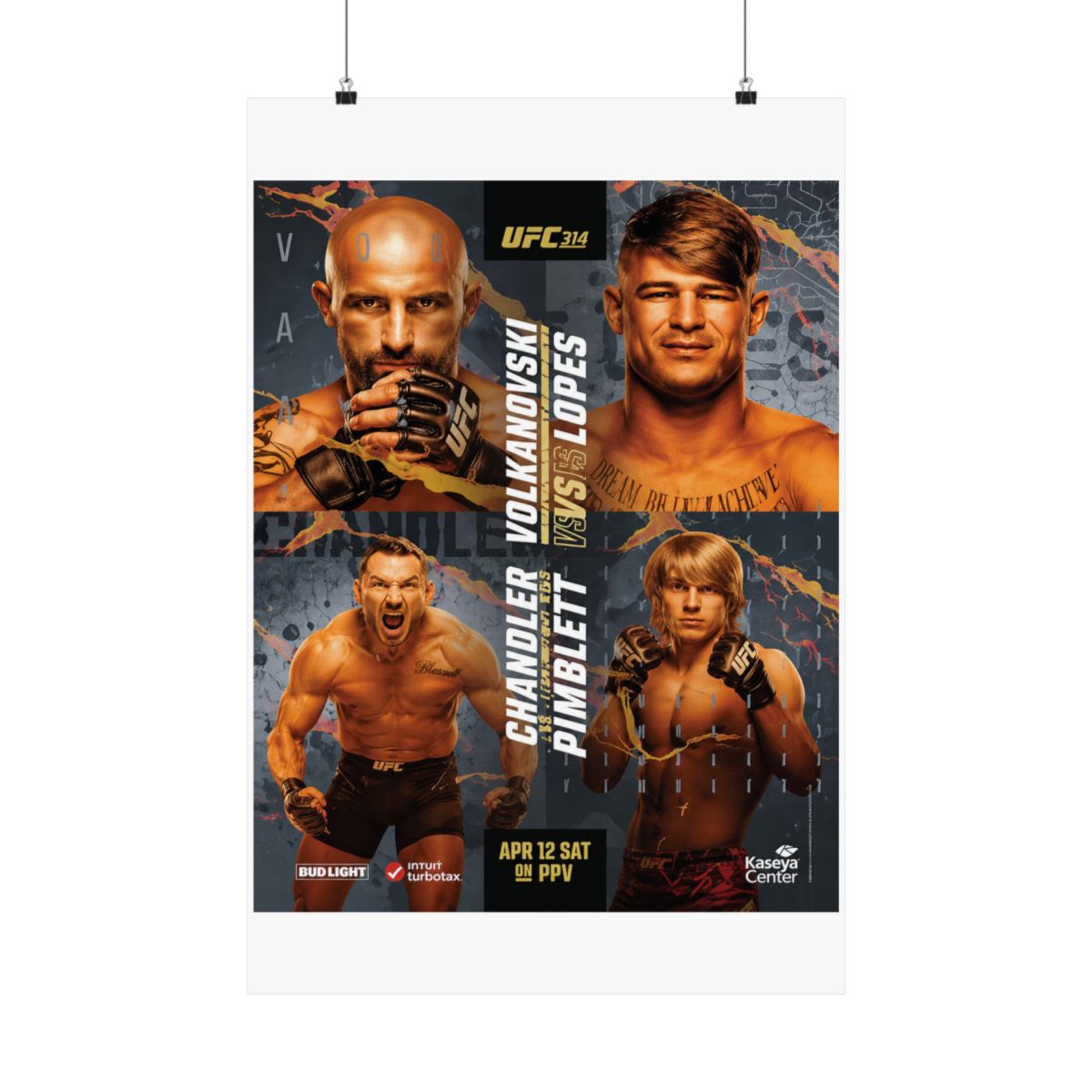 A poster advertising a UFC fight card featuring Chandler vs. Pimblett and Volkanovski vs. Lopes. The poster is black and gold with the UFC logo and the fighters' names in large white letters. The... - alternate angle 3, merchandise