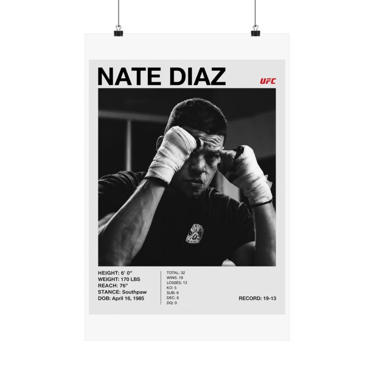 Black and white poster featuring Nate Diaz, a UFC fighter, with the UFC logo. The poster includes Diaz's height, weight, reach, stance, date of birth, and record. Diaz is shown with wrapped hands - alternate angle 5, merchandise