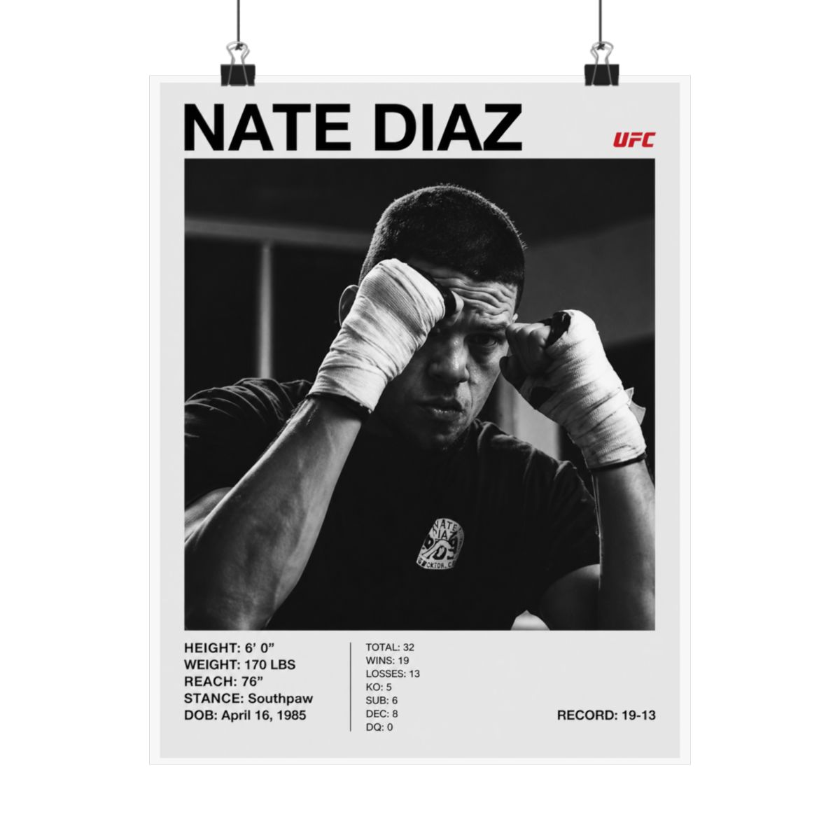 Black and white poster featuring Nate Diaz, a UFC fighter, with the UFC logo. The poster includes Diaz's height, weight, reach, stance, date of birth, and record. Diaz is shown with wrapped hands