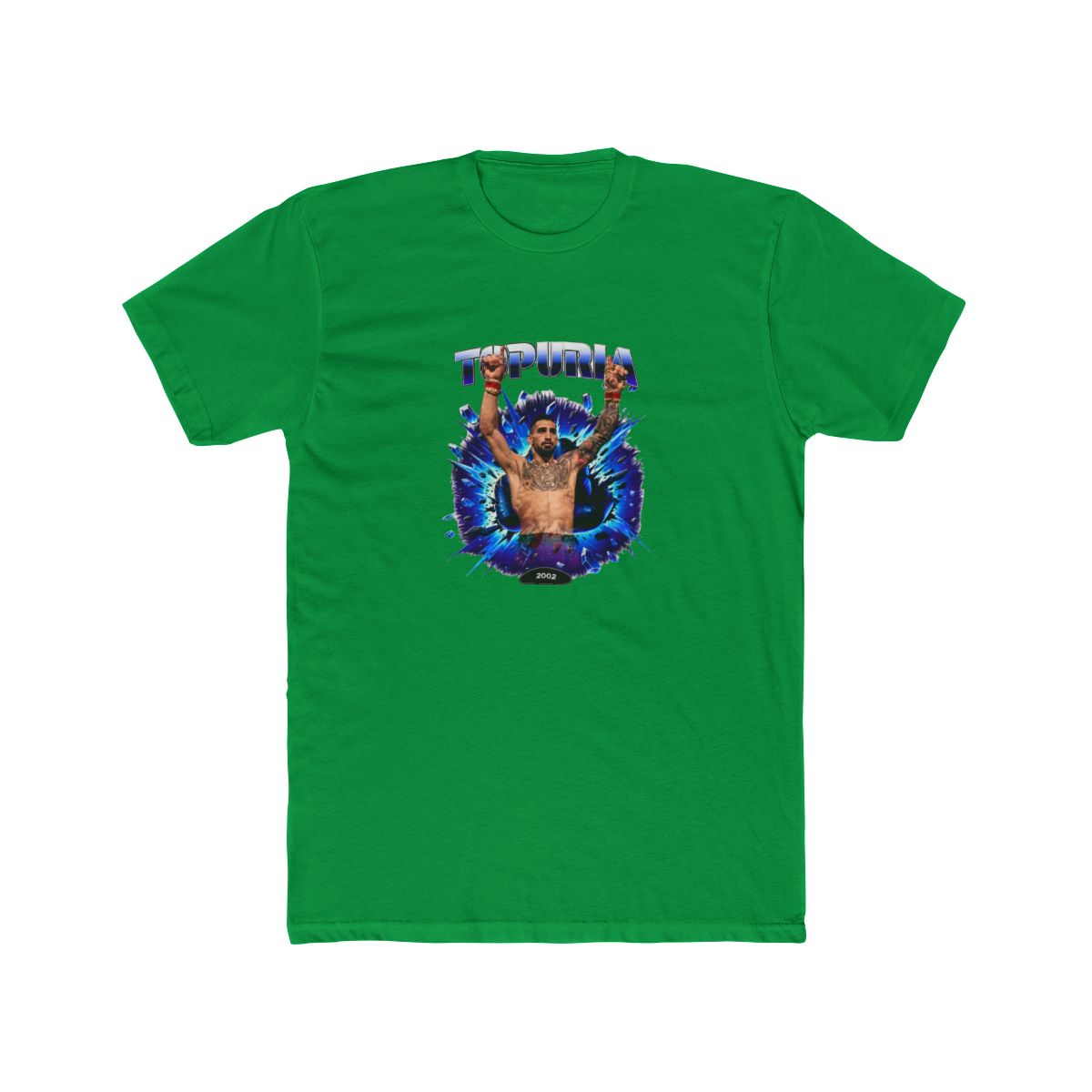 Black T Shirt with a graphic of a man with raised arms, breaking through a blue and purple burst. The word "TOPURIA" is across the top, with "2002 FIGHT" below. The shirt is displayed on a wooden... - alternate angle 2, merchandise