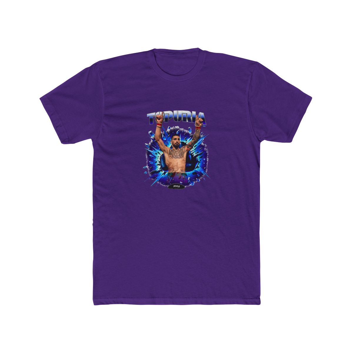 Black T Shirt with a graphic of a man with raised arms, breaking through a blue and purple burst. The word "TOPURIA" is across the top, with "2002 FIGHT" below. The shirt is displayed on a wooden... - alternate angle 3, merchandise
