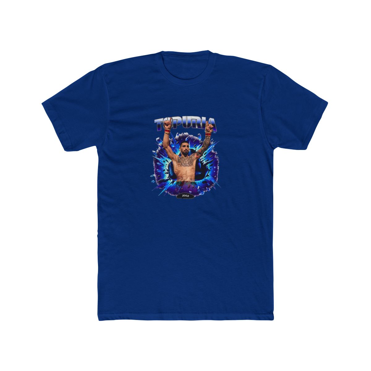 Black T Shirt with a graphic of a man with raised arms, breaking through a blue and purple burst. The word "TOPURIA" is across the top, with "2002 FIGHT" below. The shirt is displayed on a wooden...